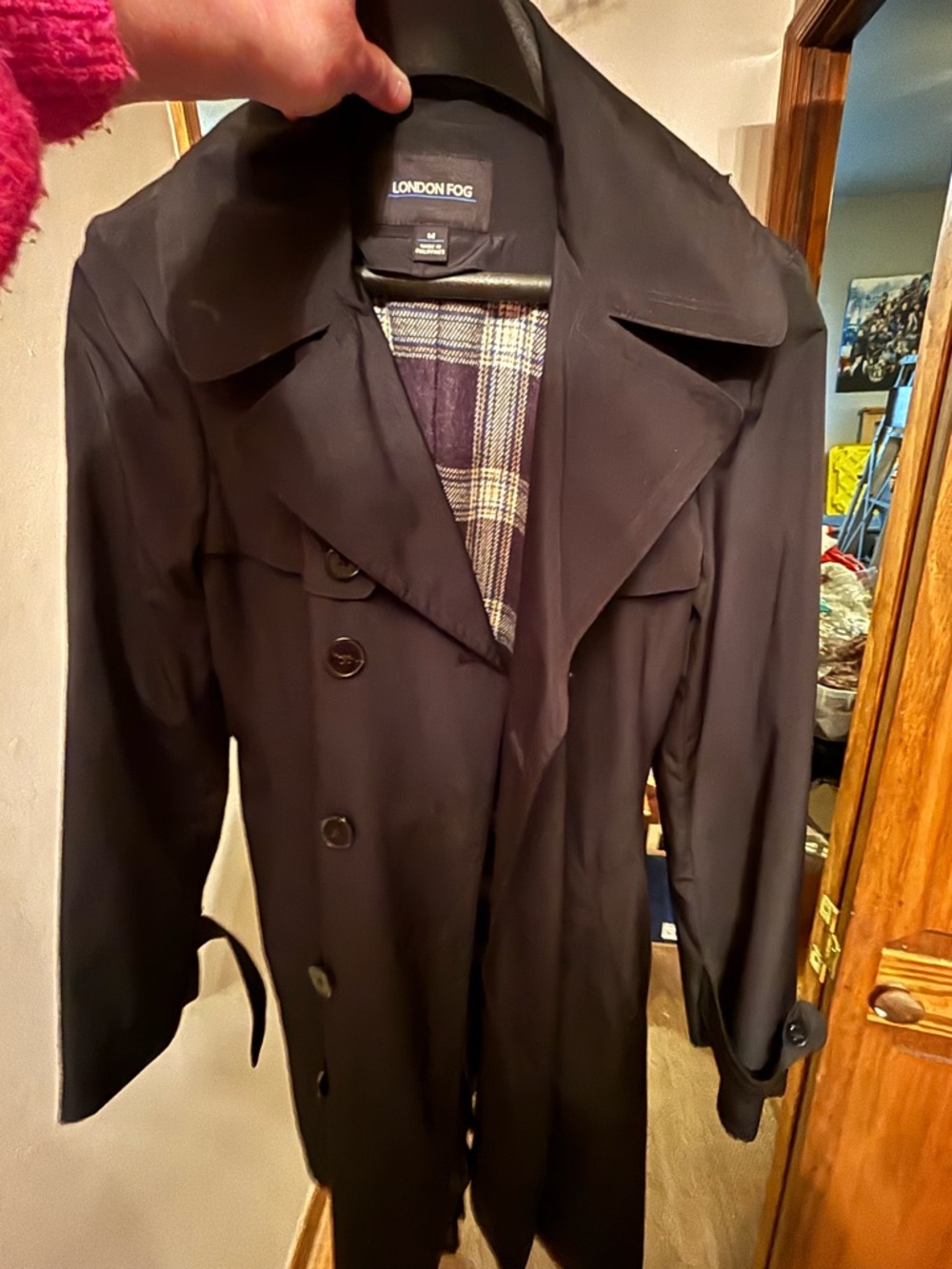 London Fog Men's Navy Double-Breasted Trench Coat with Plaid Lining